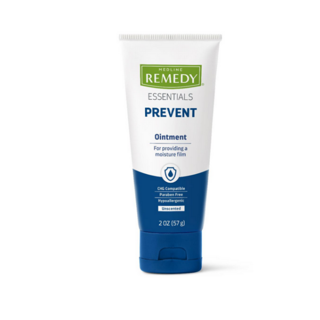 A white and blue 2 oz (57 g) tube of Medline Remedy Essentials Moisturizing Ointment provides a moisture barrier. This hypoallergenic, unscented, paraben- and petrochemical-free formula is CHG compatible for long-lasting hydration.